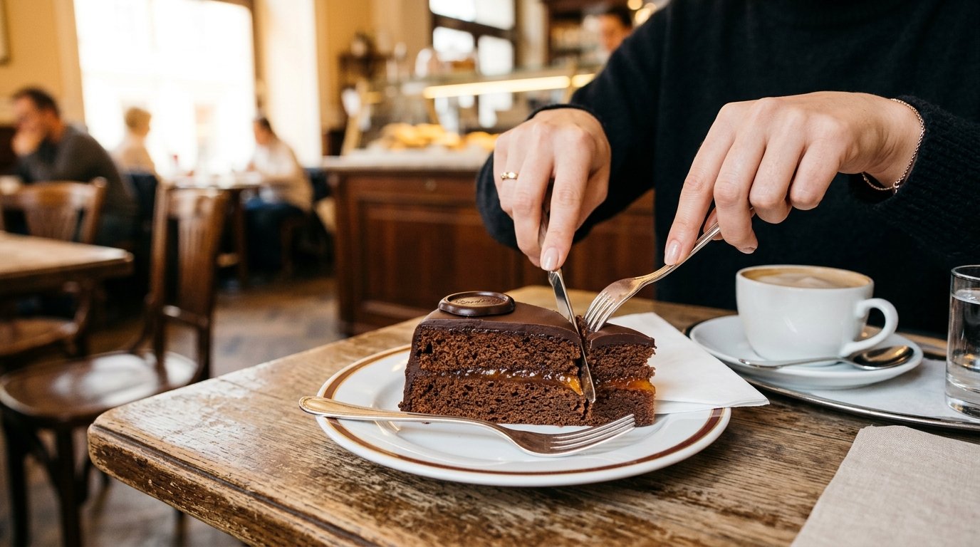 Corte de tarta Sacher artesanal en plato blanco mostrando capa de mermelada de albaricoque entre bizcocho de chocolate y glaseado oscuro