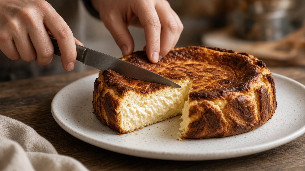 Corte de tarta San Sebastián artesanal mostrando interior cremoso y capa superior caramelizada