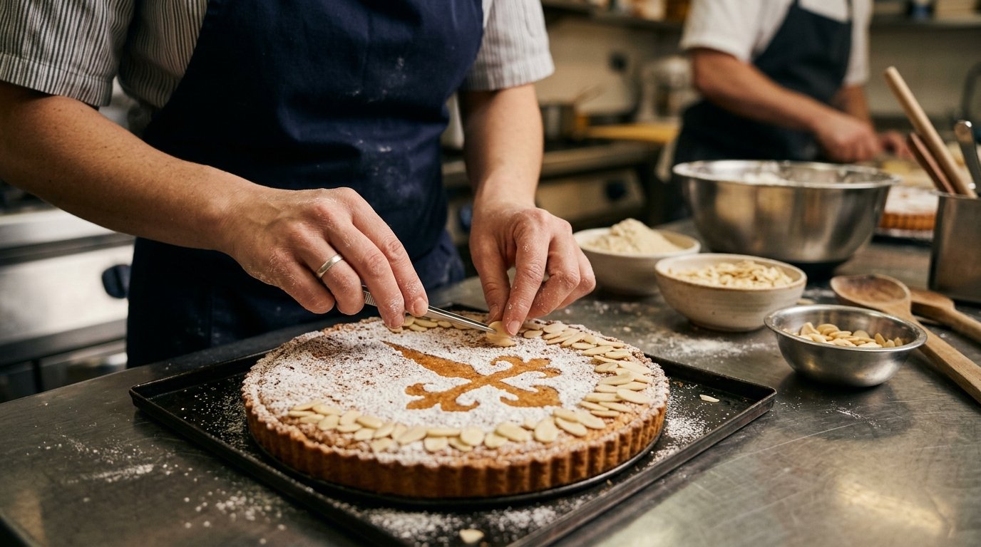Pastelero preparando tarta de Santiago artesanal con almendra en obrador