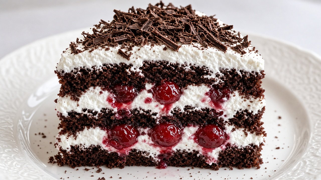 Corte de tarta Selva Negra artesanal en plato blanco mostrando capas de bizcocho de chocolate, nata montada y cerezas al kirsch con virutas de chocolate