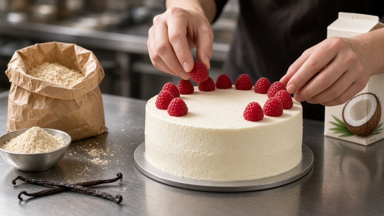 Pastelera artesanal decorando una tarta sin gluten y sin lactosa con frambuesas frescas en obrador profesional