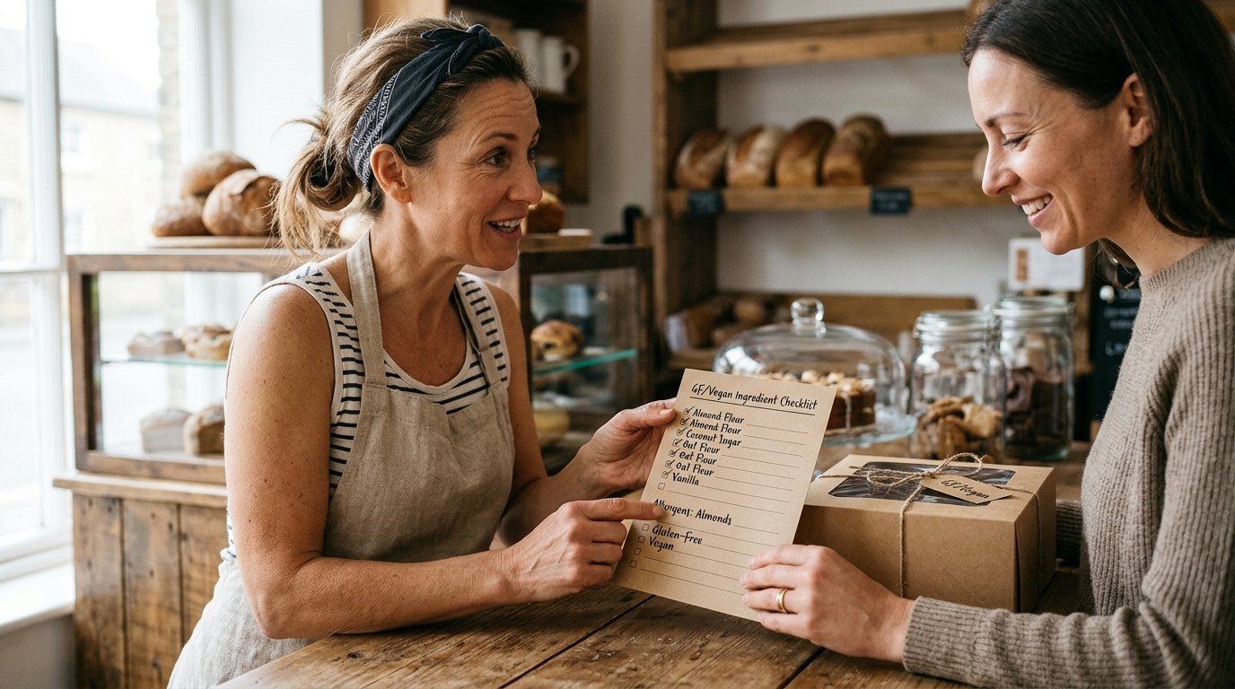 Cliente y pastelero revisando alérgenos junto a una caja de tarta vegana sin gluten en mostrador