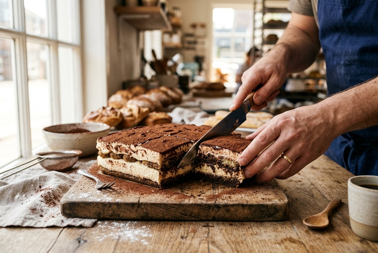 Manos cortando una tarta de tiramisú artesanal con capas visibles de mascarpone y bizcochos empapados en café
