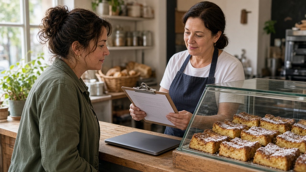 Pastelero y cliente revisando encargo de torrijas artesanales en pastelería de barrio