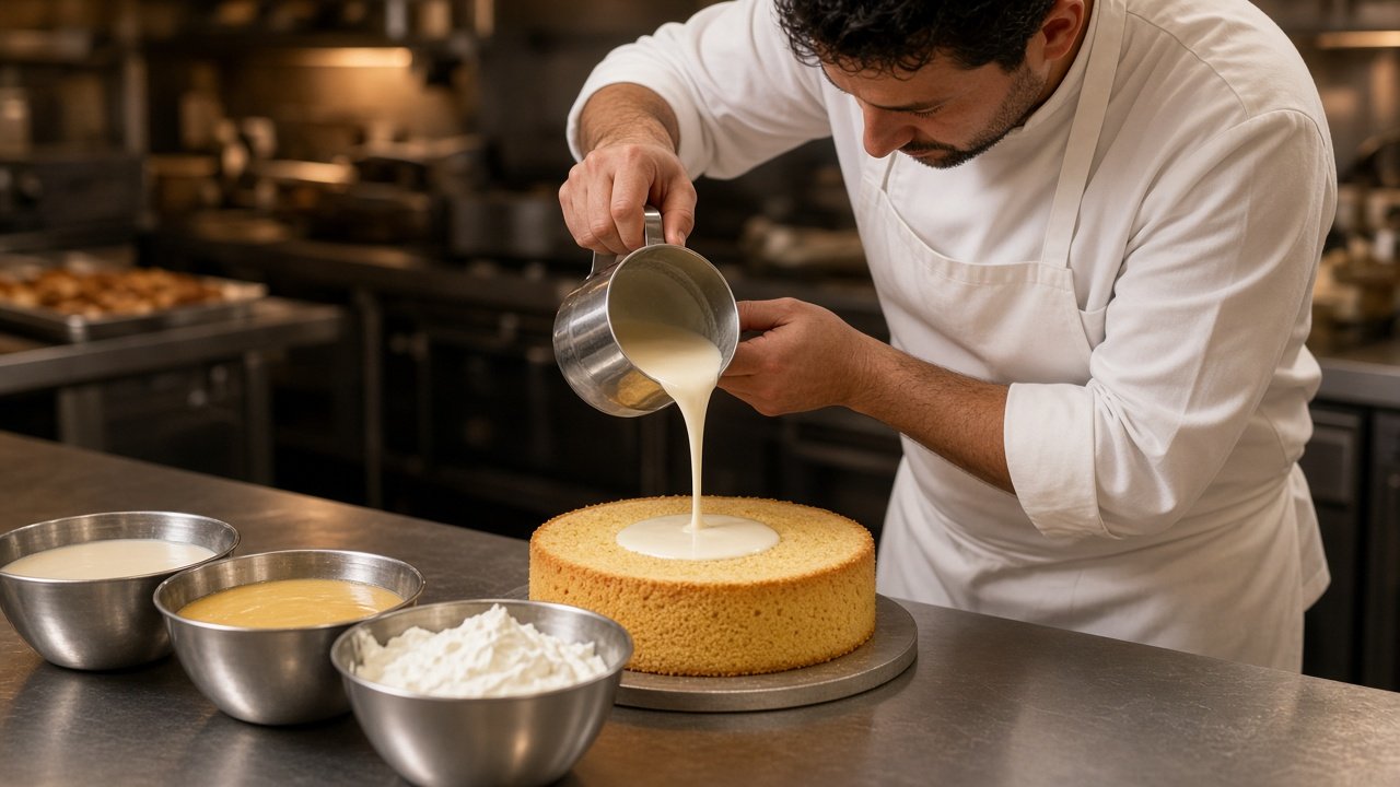 Pastelero artesanal vertiendo la mezcla de tres leches sobre un bizcocho en obrador profesional