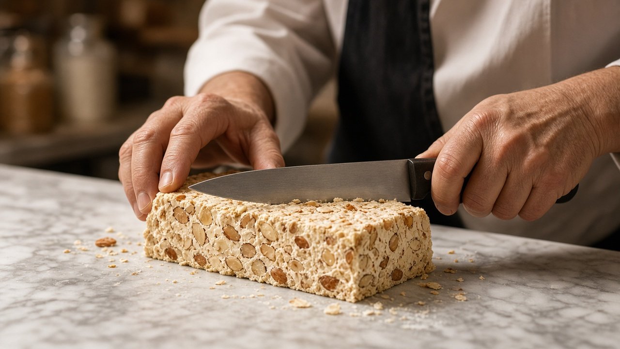 Mano cortando turrón artesanal de almendra en mármol de obrador